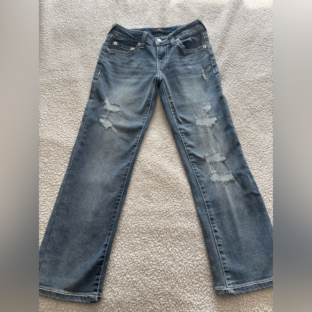 True Religion Blue Distressed Straight Leg Jeans